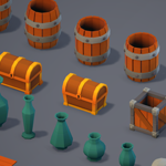 Medieval storage props including barrels, crates, and chestsPreview