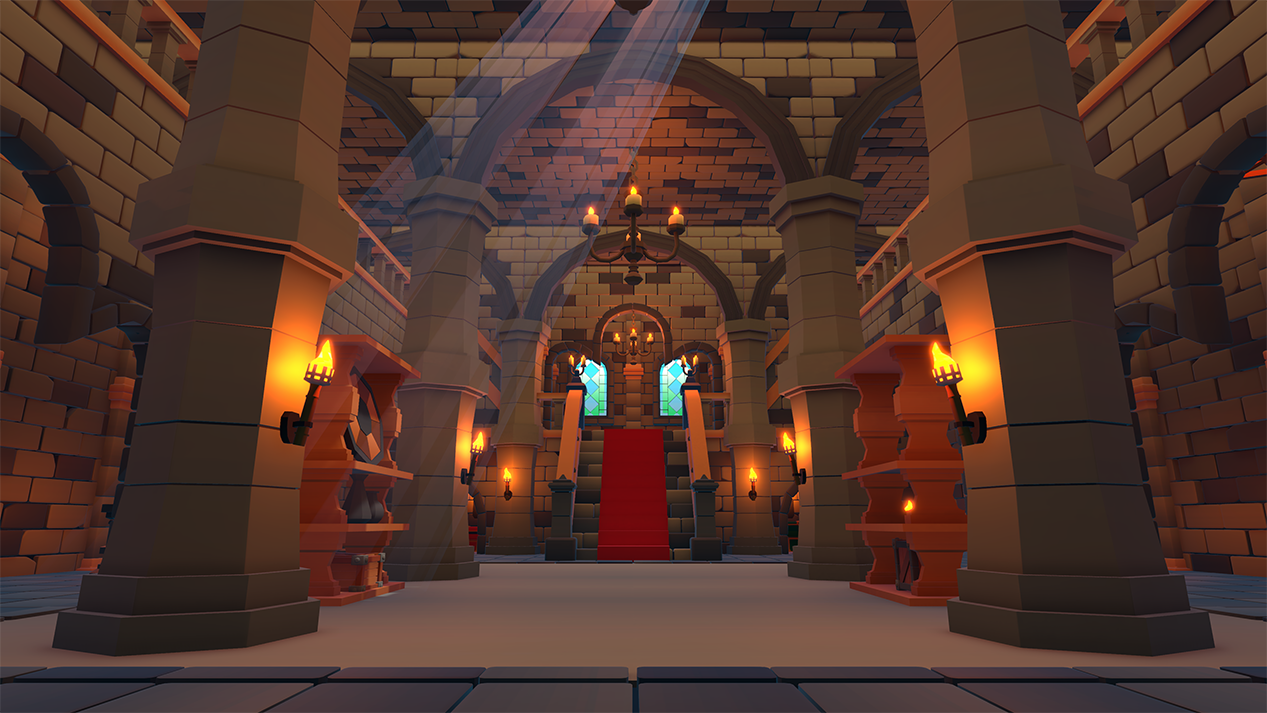 Grand hall with pillars and decorative elements in a medieval castle