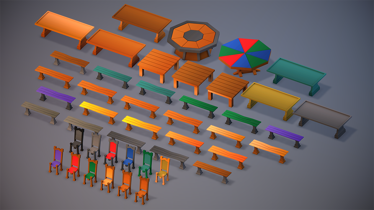 Collection of medieval furniture including chairs and tables