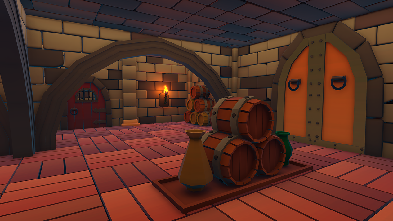 Medieval winery room with barrels and wine storage props
